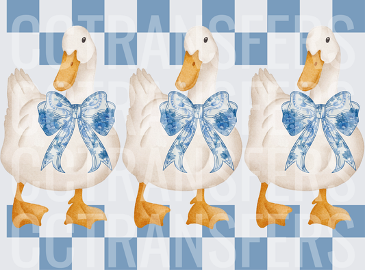 Three White Geese Blue Floral Bows Checkered Background (DTF)