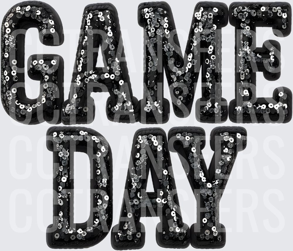 Game Day Black Silver Sequin Glitter Varsity Letters (DTF)