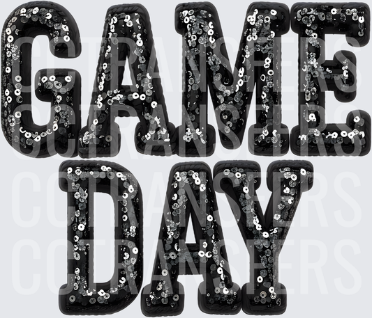 Game Day Black Silver Sequin Glitter Varsity Letters (DTF)