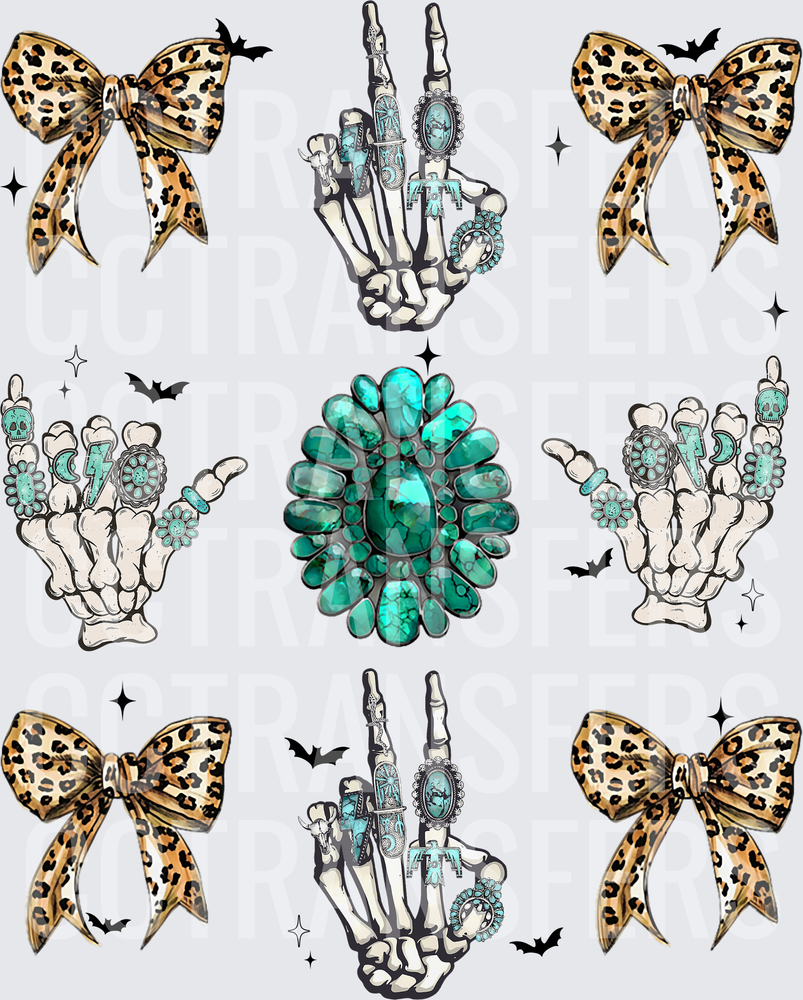 Skeleton Hands Turquoise Rings Leopard Bows Bats Gang (DTF)