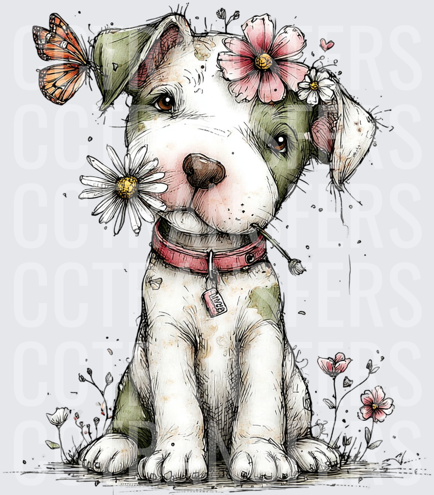 Whimsical Pit Bull Puppy With Flowers And Butterfly (DTF)
