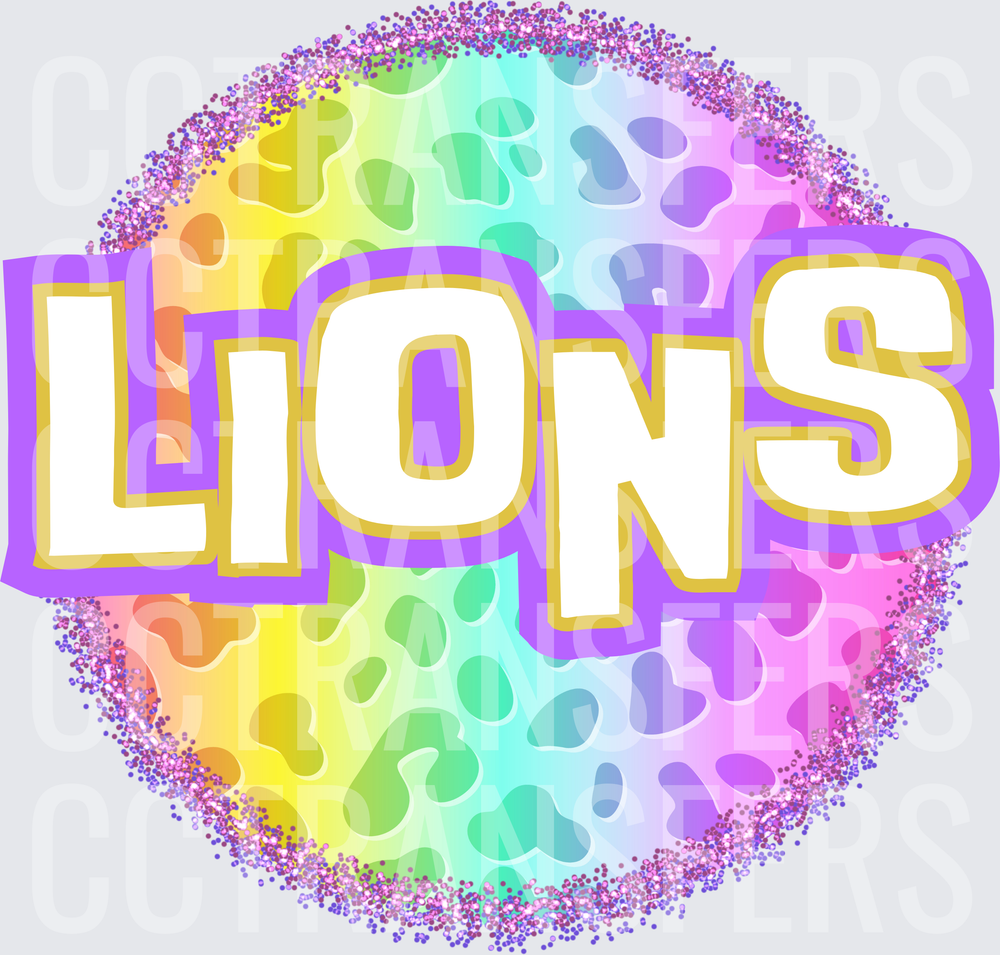 Lions Bold Text Rainbow Leopard Print Glitter Circle (DTF)