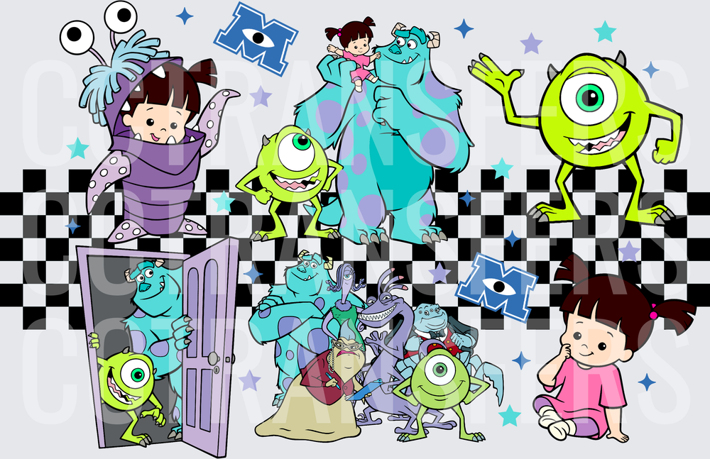 Furry Blue Monster Squad with Little Girl Checkered Scene (DTF)