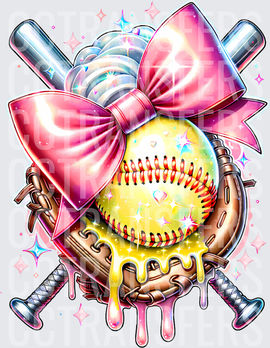 Glitter Softball Glove Crossed Bats Pink Bow Drip (DTF)