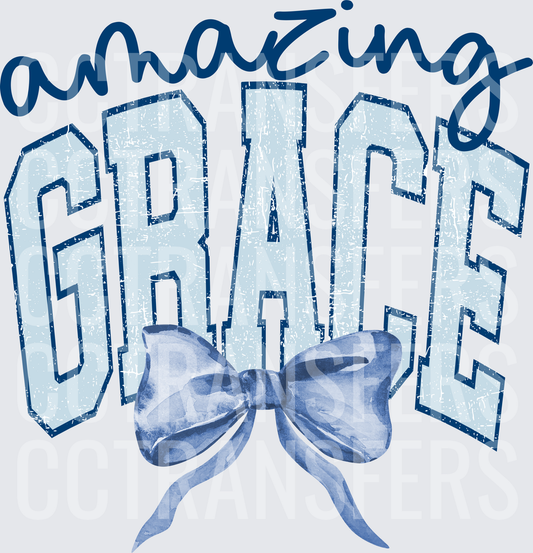 Amazing Grace Distressed Varsity Letters Blue Bow (DTF)