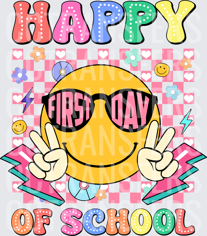 Happy First Day of School Retro Smiley Face Peace Sign (DTF)