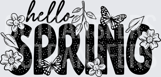 Hello Spring Bold Text Floral Butterfly Design (DTF)