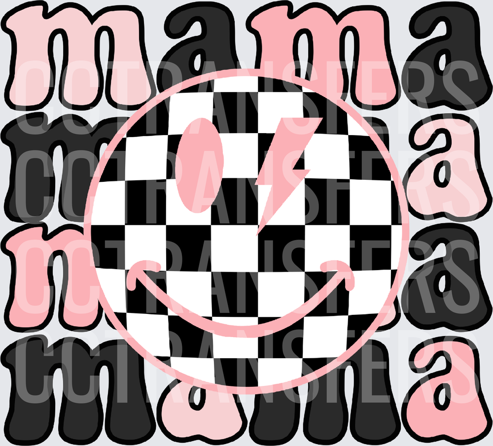 Mama Checkered Smiley Face Lightning Bolt Retro (DTF)