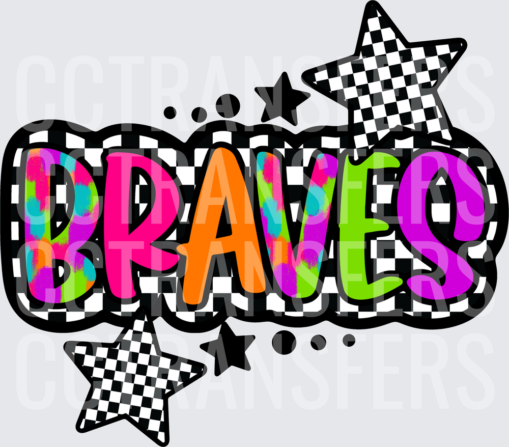 Braves Neon Checkered Stars Bold Lettering (DTF)