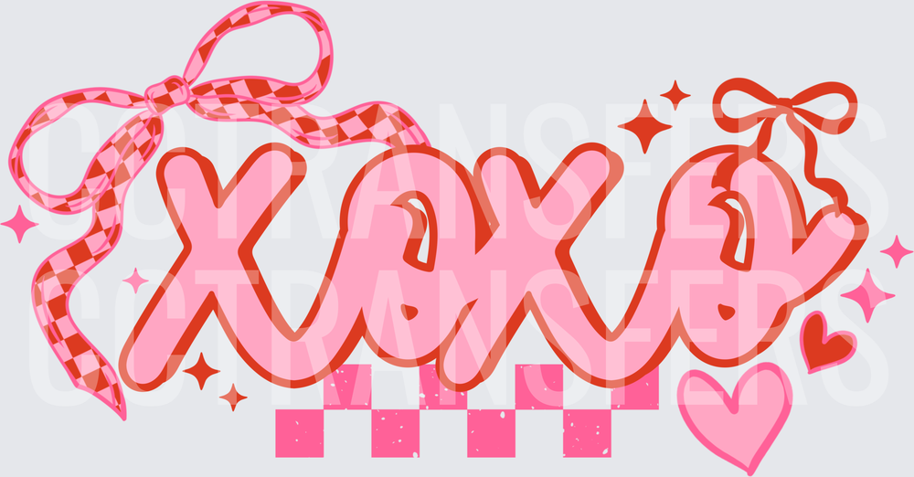XOXO Retro Checkered Bow Hearts Valentine Pink (DTF)