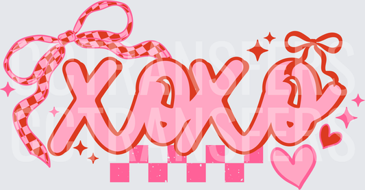 XOXO Retro Checkered Bow Hearts Valentine Pink (DTF)