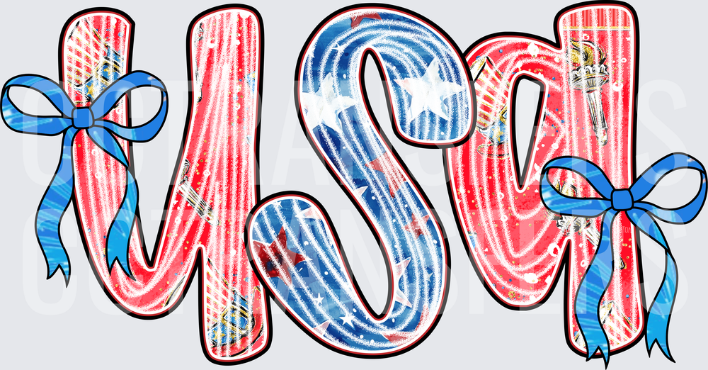 Patriotic USA Red White Blue Stars Stripes Bow Letters (DTF)