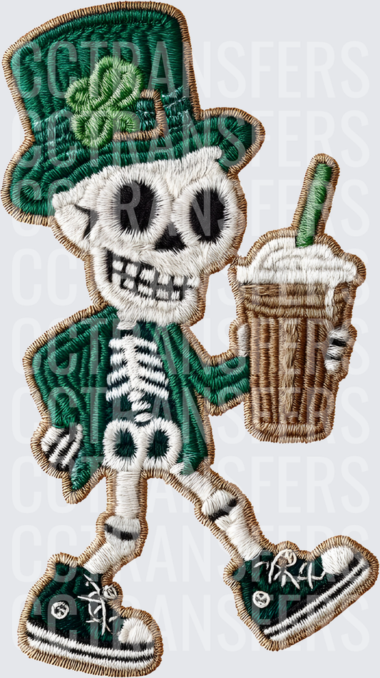 Skeleton Leprechaun Holding Iced Coffee Embroidery Patch (DTF)