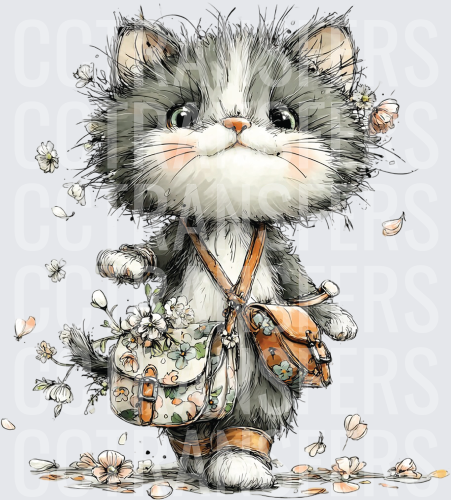 Fluffy Gray Kitten with Floral Satchel Bags and Falling Petals (DTF)