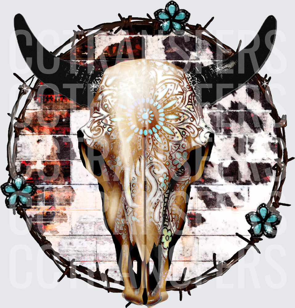 Mandala Bull Skull Barbed Wire Turquoise Gems Western (DTF)