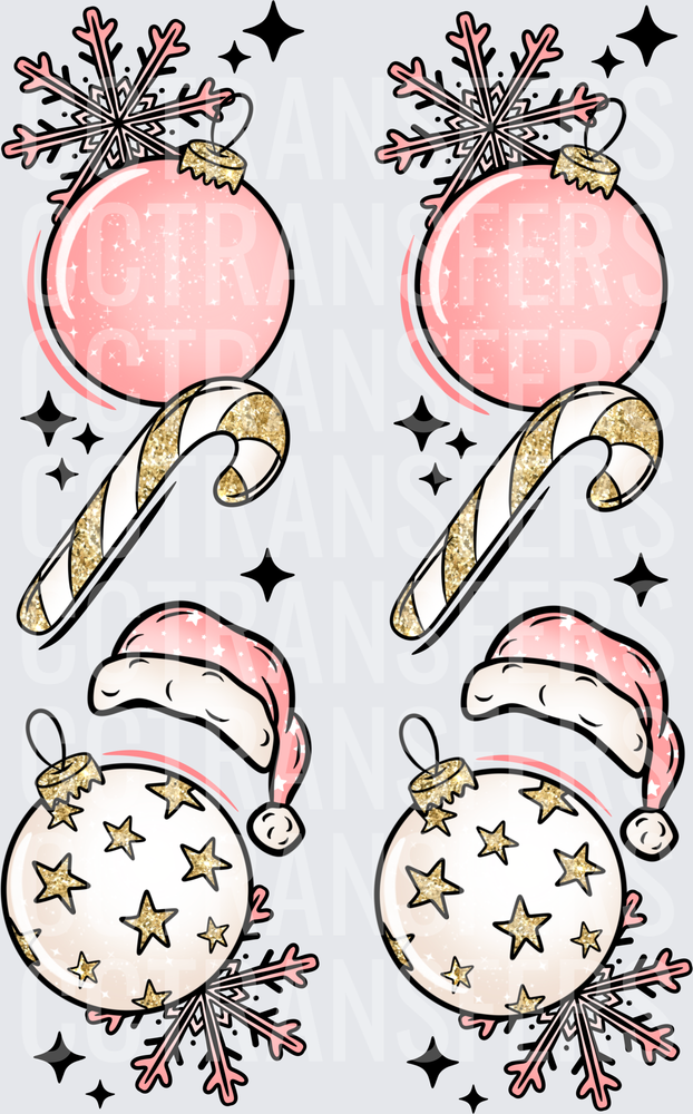 Pink Gold Christmas Ornament Candy Cane Snowflake Set (DTF)