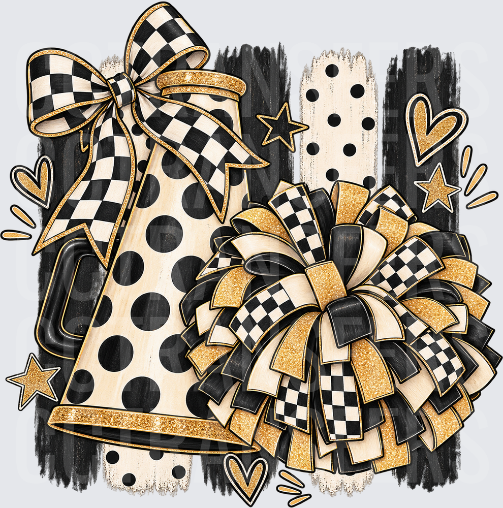Black Gold Checkered Megaphone Pom Pom Bow Cheer (DTF)
