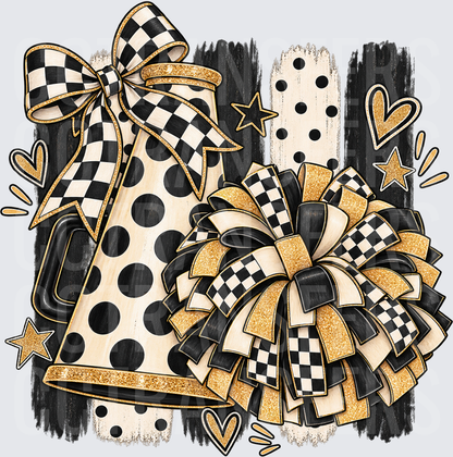 Black Gold Checkered Megaphone Pom Pom Bow Cheer (DTF)
