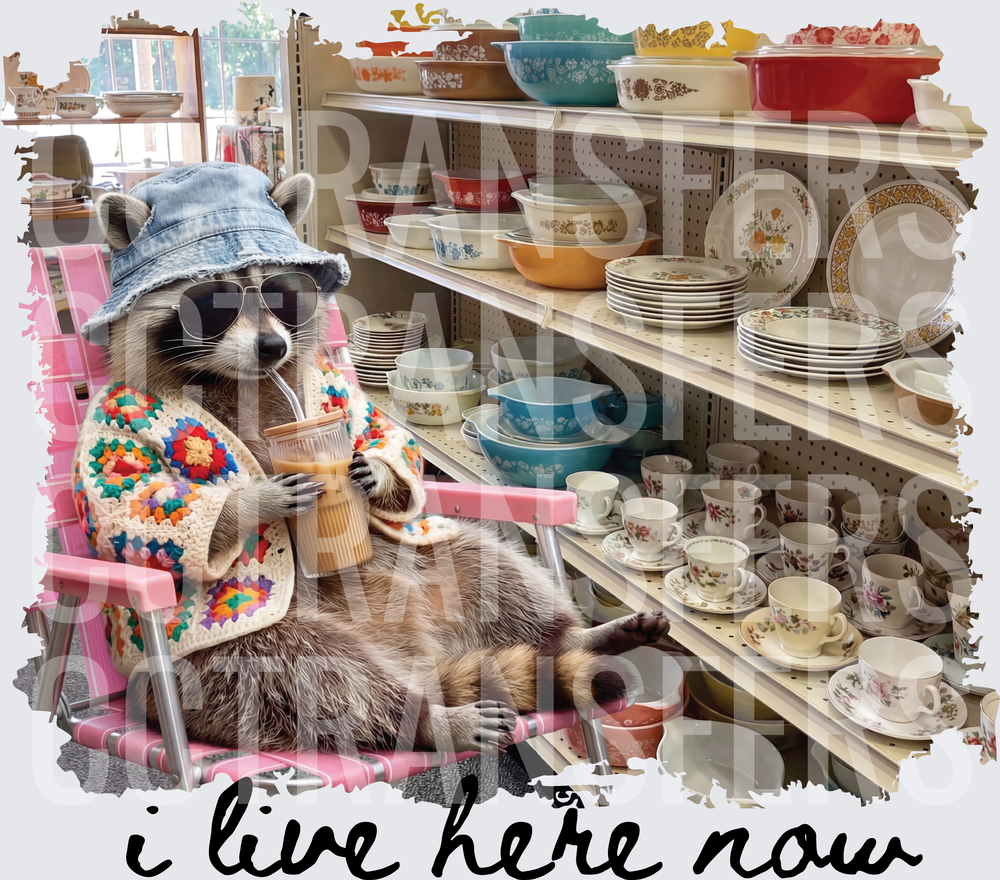 Raccoon I Live Here Now Thrift Store Lounging (DTF)