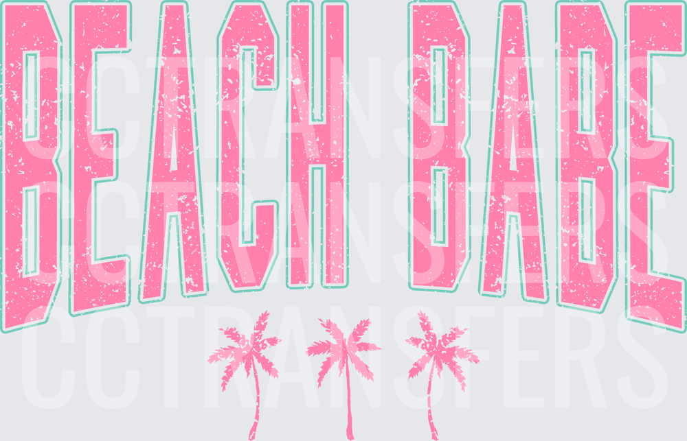 Beach Babe Distressed Pink Varsity Text with Palm Trees (DTF)