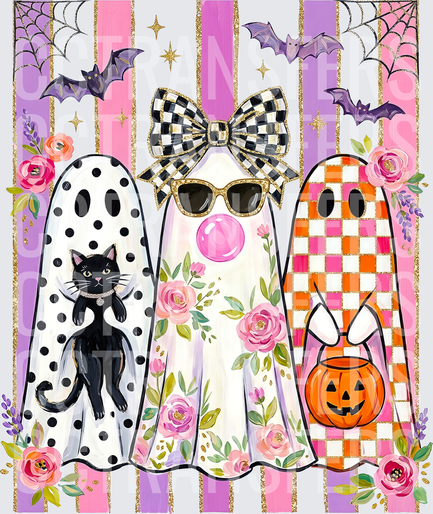 Trendy Halloween Ghost Trio Polka Dot Floral Checkered (DTF)