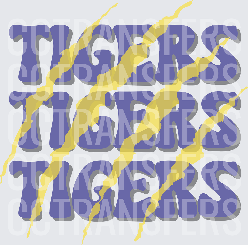 Tigers Tigers Tigers Purple Bold Text with Lightning Bolts (DTF)