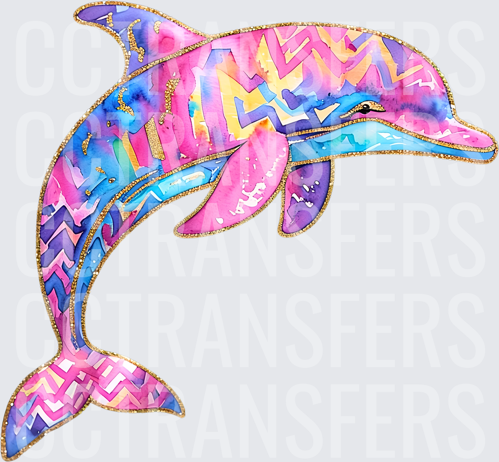 Colorful Watercolor Dolphin with Zigzag Patterns and Gold (DTF)