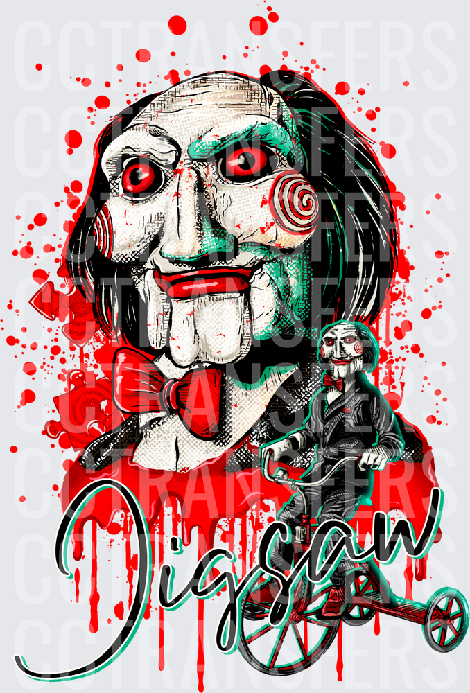 Jigsaw Puppet Clown Doll On Tricycle Blood Splatter (DTF)