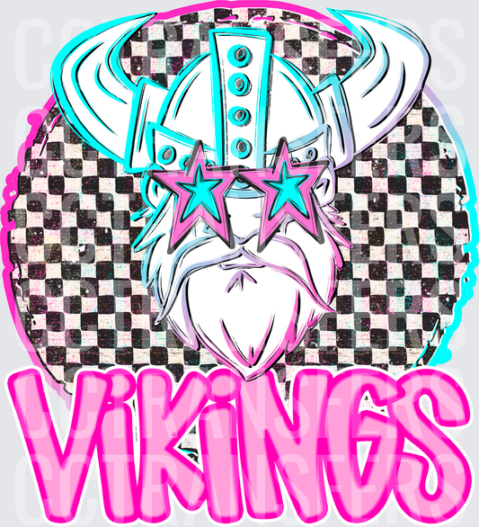 Retro Checkered Vikings Mascot Star Sunglasses Pink (DTF)