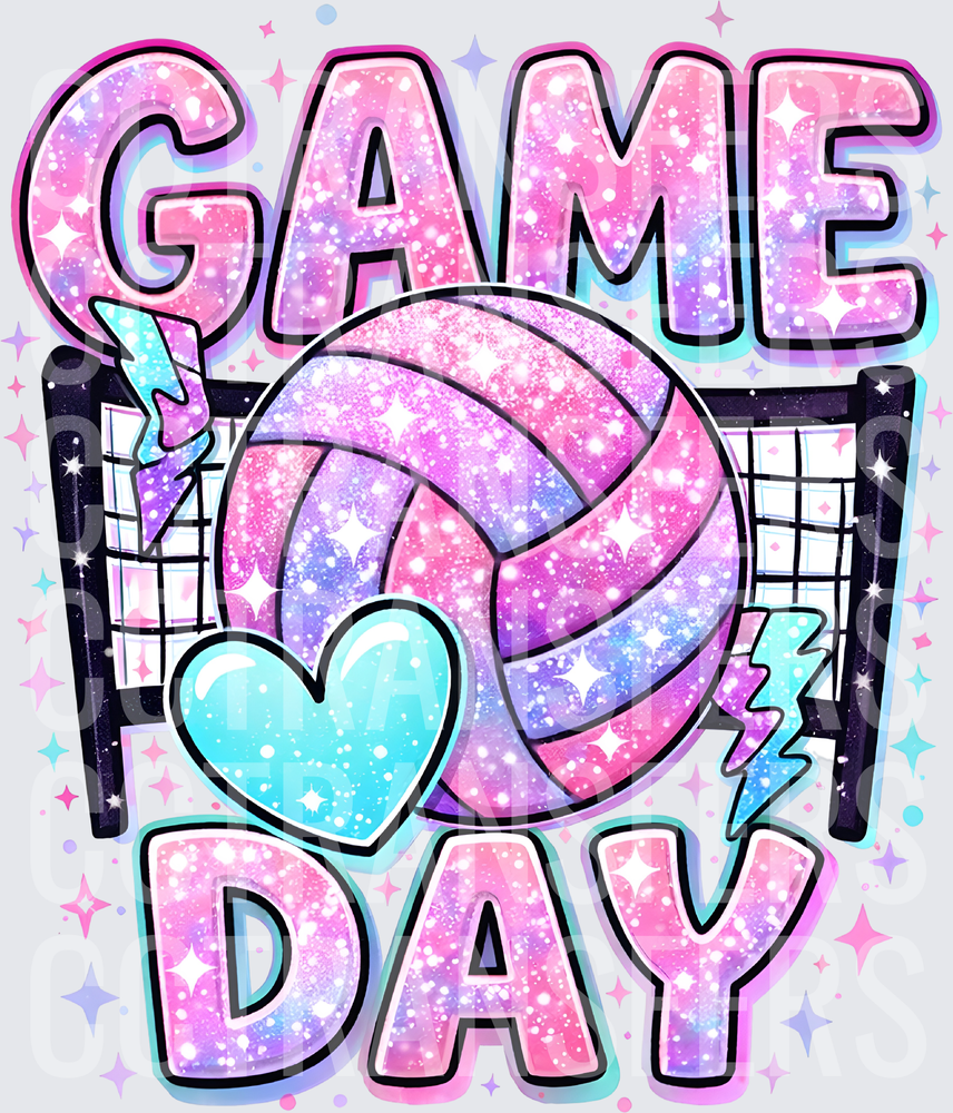 Game Day Glitter Volleyball Net Heart Lightning Bolt (DTF)