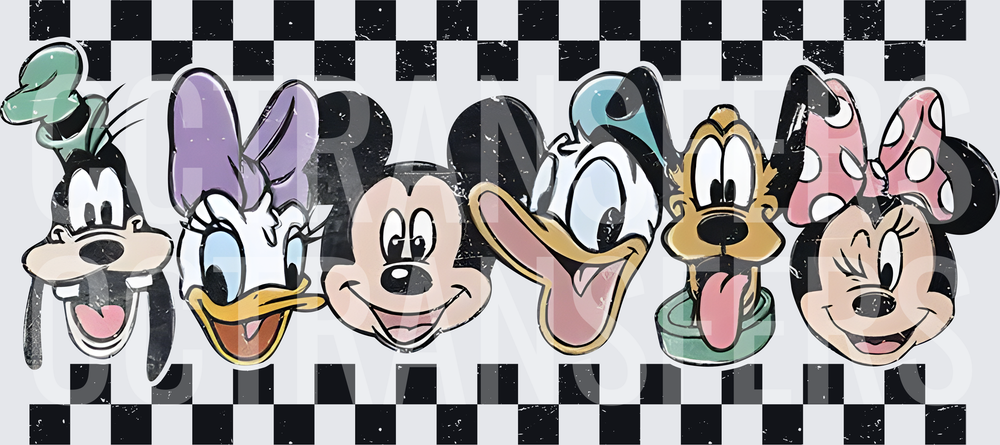 Retro Cartoon Character Faces Checkered Background (DTF)