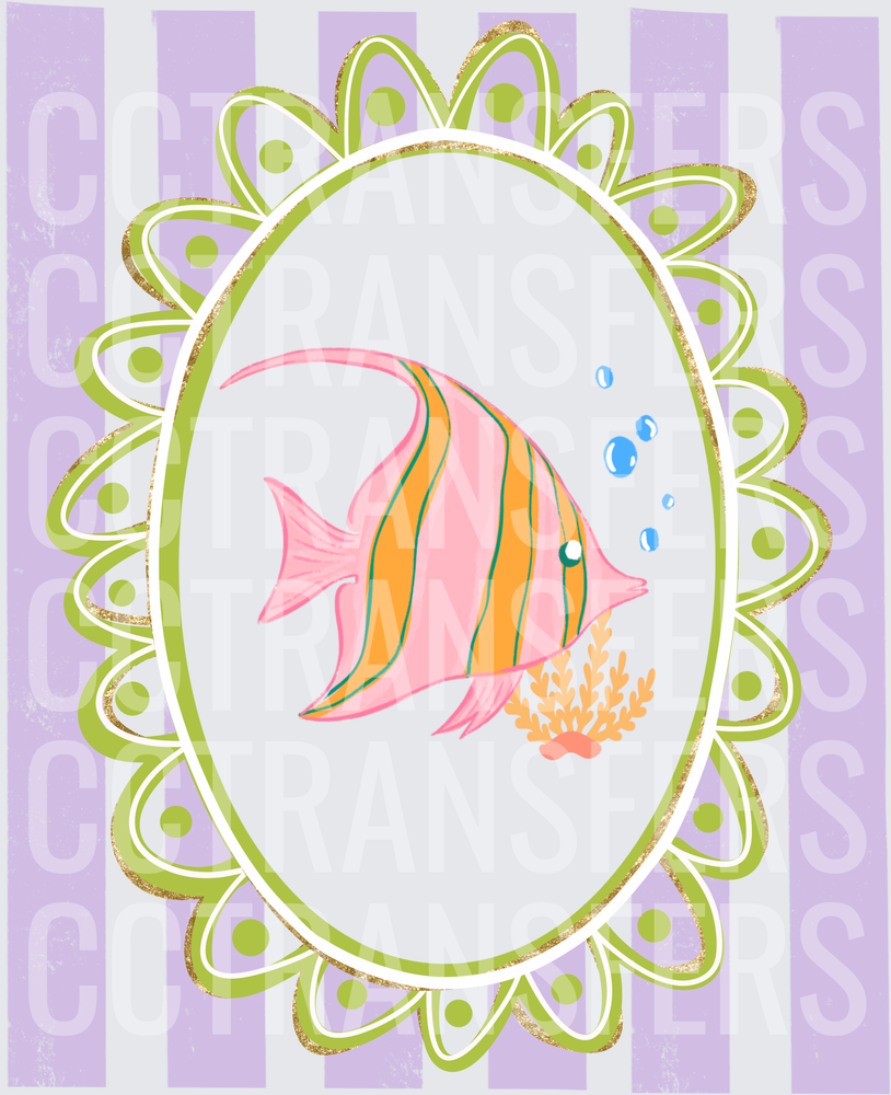 Pink Tropical Fish Oval Cameo Frame Lavender Stripe (DTF)