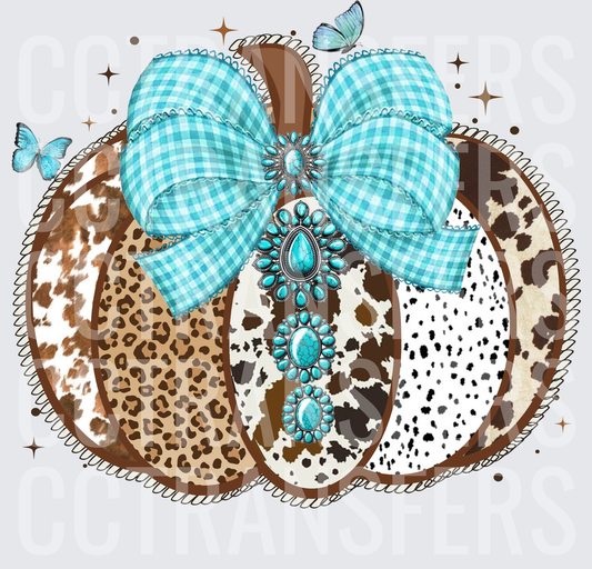 Western Cowhide Leopard Pumpkin Turquoise Bow Jewels (DTF)