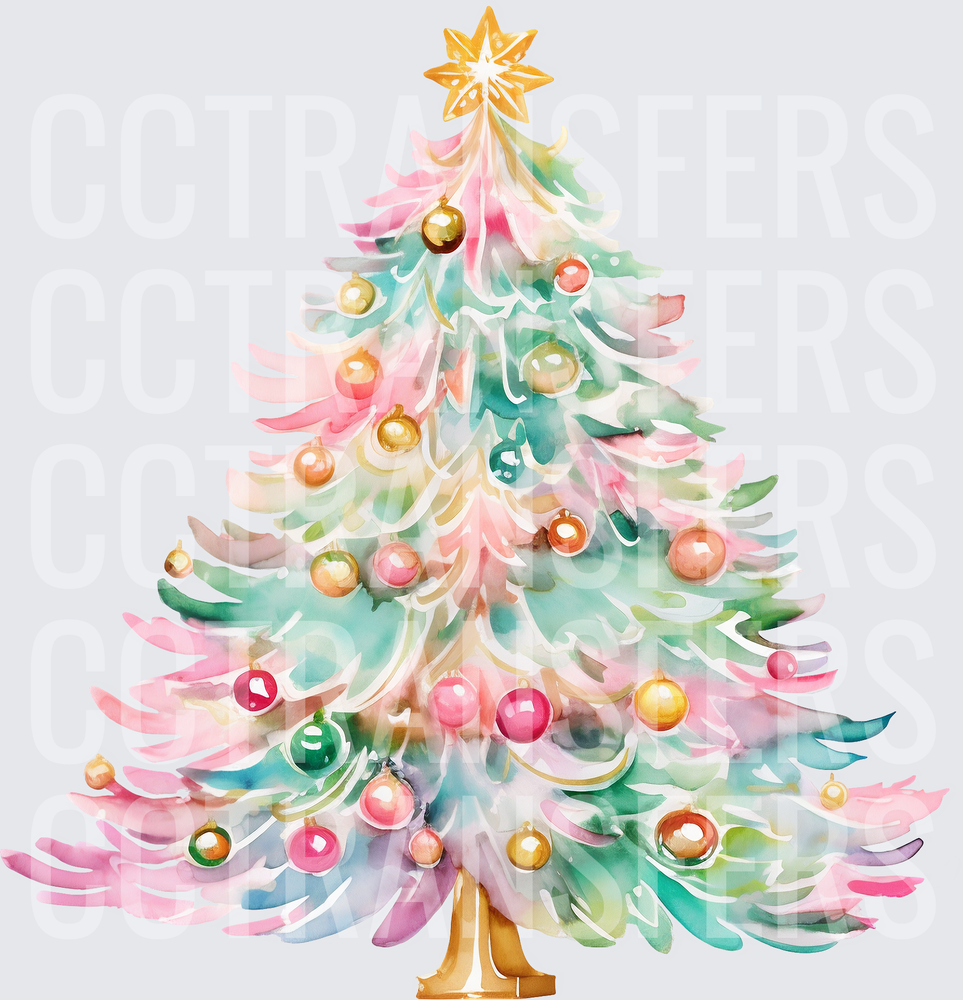 Pastel Watercolor Christmas Tree with Colorful Ornaments (DTF)