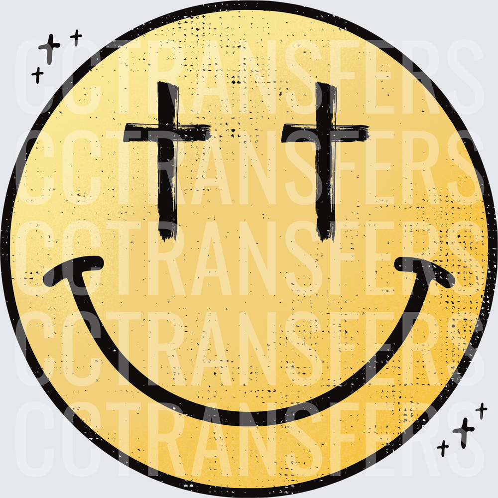 Gold Distressed Smiley Face with Cross Eyes (DTF)