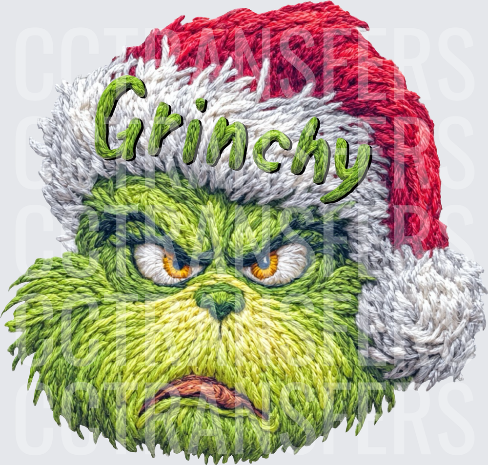 Grinchy G-Man Embroidery Style Green Grumpy Christmas Face (DTF)