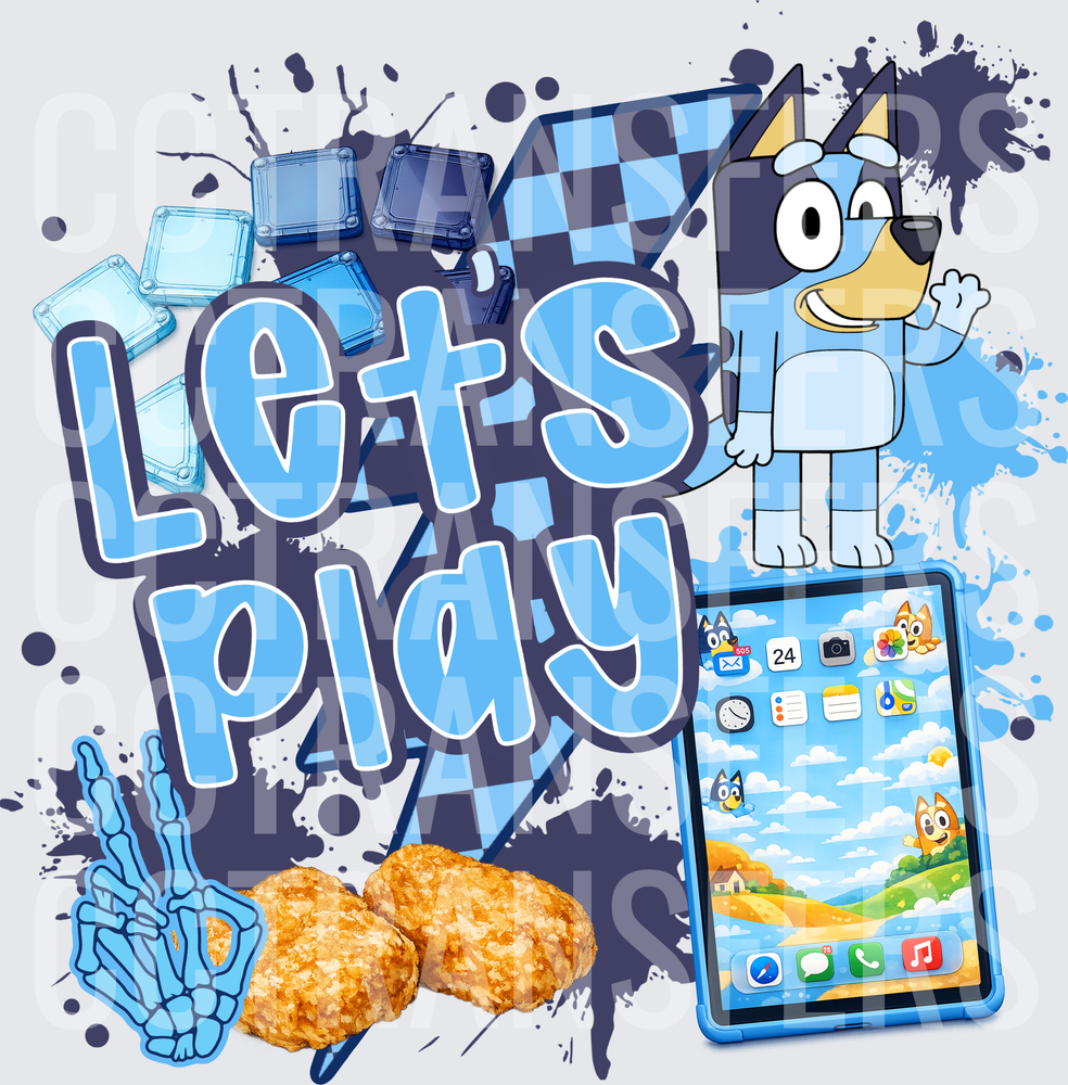 Let's Play Blue Cartoon Pup Tablet Nuggets Skeleton Hand DTF
