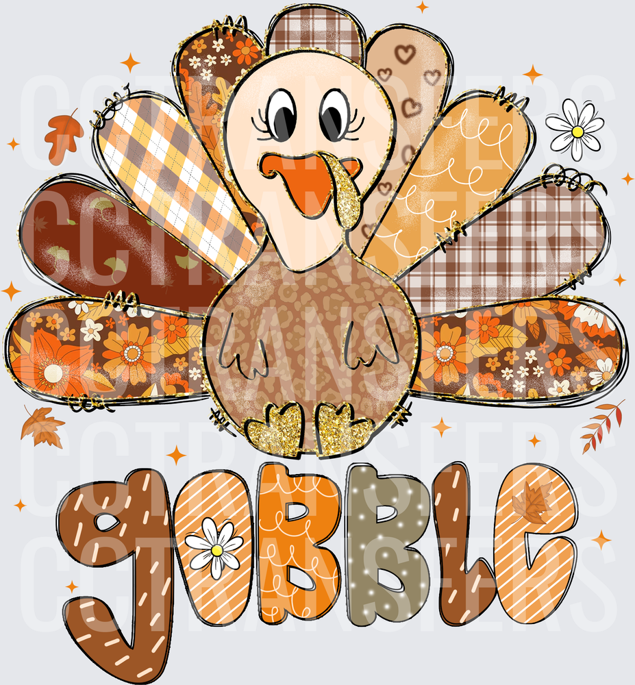 Gobble Patchwork Turkey Thanksgiving Fall Design (DTF)