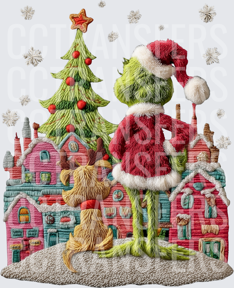 Grinch Santa & Max Embroidery Style Christmas Village (DTF)