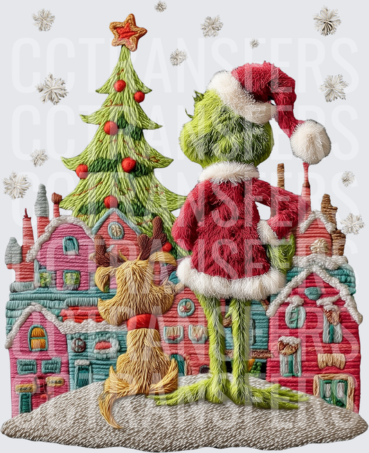 Grinch Santa & Max Embroidery Style Christmas Village (DTF)