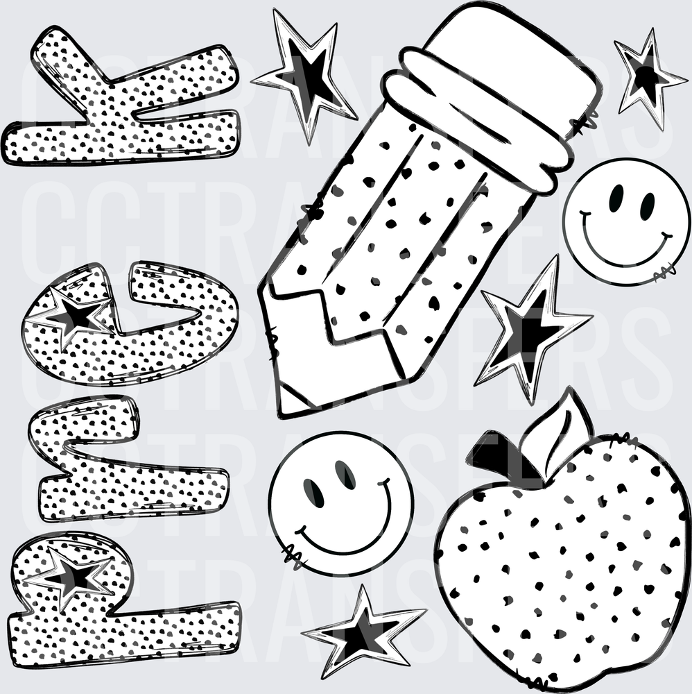 Black and White Dotted School Pencil Apple Smiley Stars (DTF)