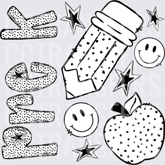 Black and White Dotted School Pencil Apple Smiley Stars (DTF)