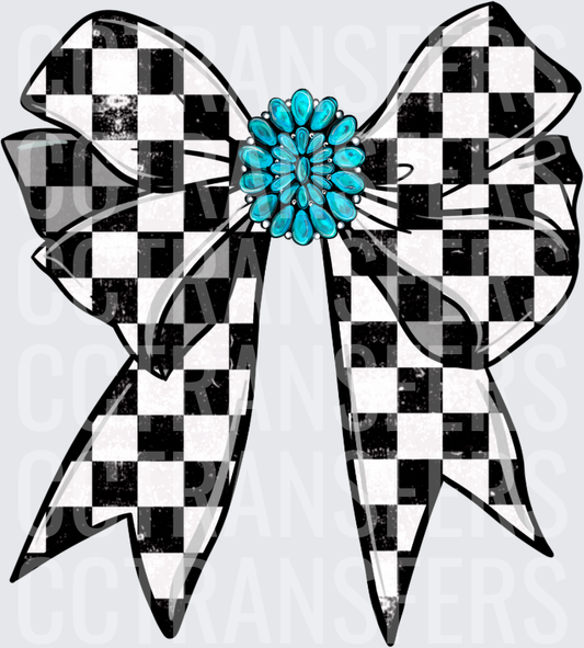 Black White Checkered Bow Turquoise Squash Blossom (DTF)