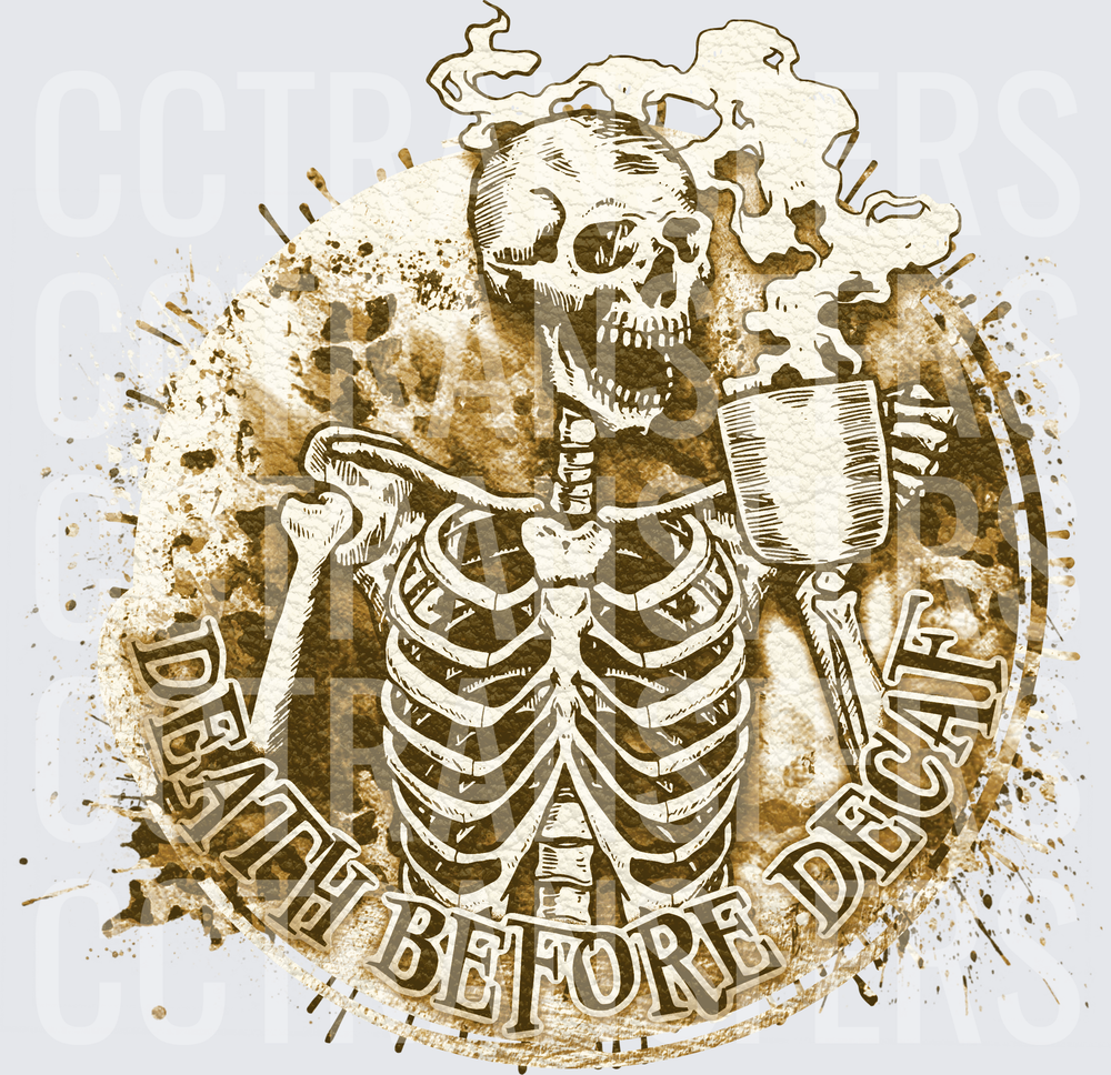 Death Before Decaf Skeleton Holding Coffee Mug (DTF)