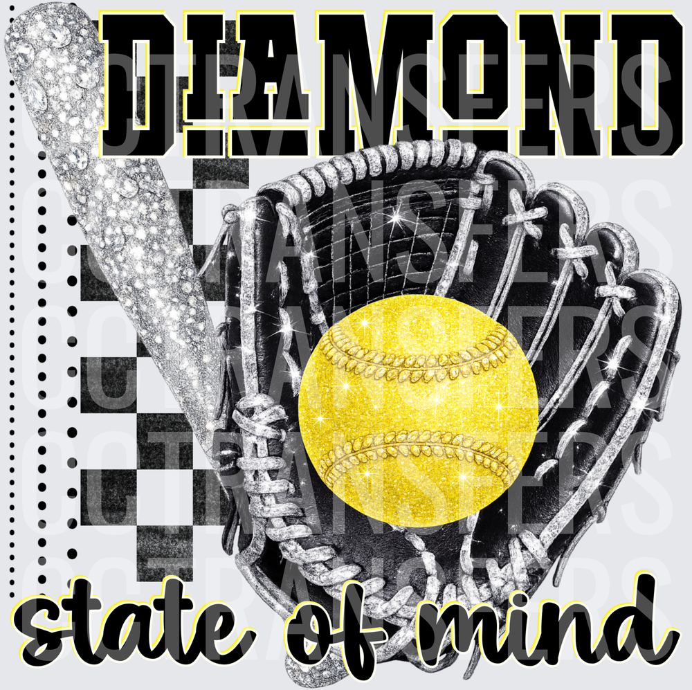 Diamond State of Mind Softball Glove Bat Glitter Design (DTF)