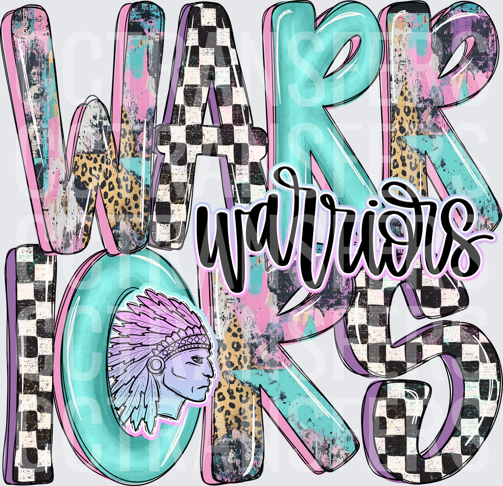 Warriors Mascot Checkered Leopard Teal Pink Letter Design (DTF)