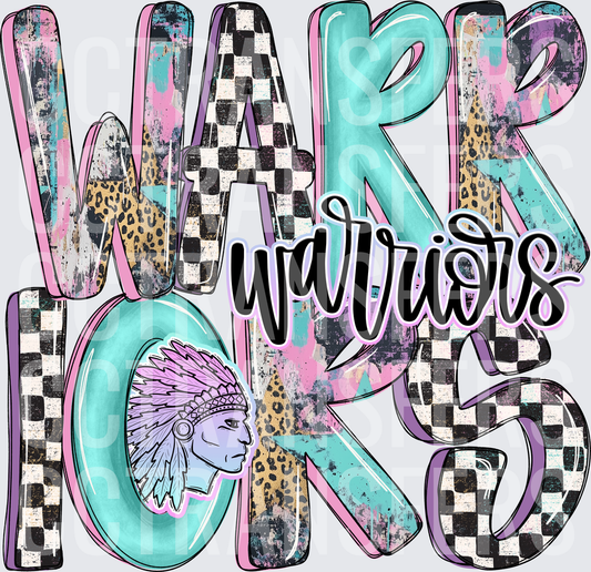 Warriors Mascot Checkered Leopard Teal Pink Letter Design (DTF)