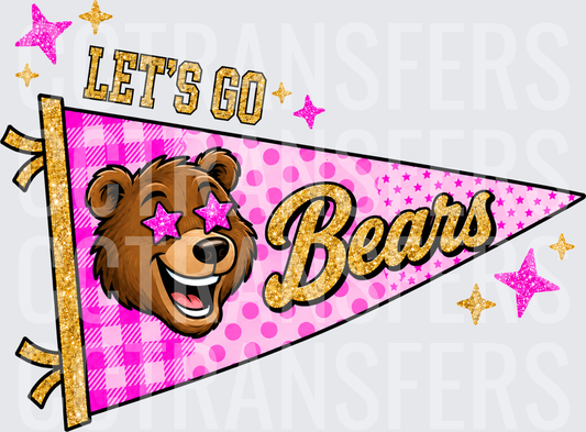 Let's Go Bears Pink Glitter Pennant Bear Star Eyes (DTF)