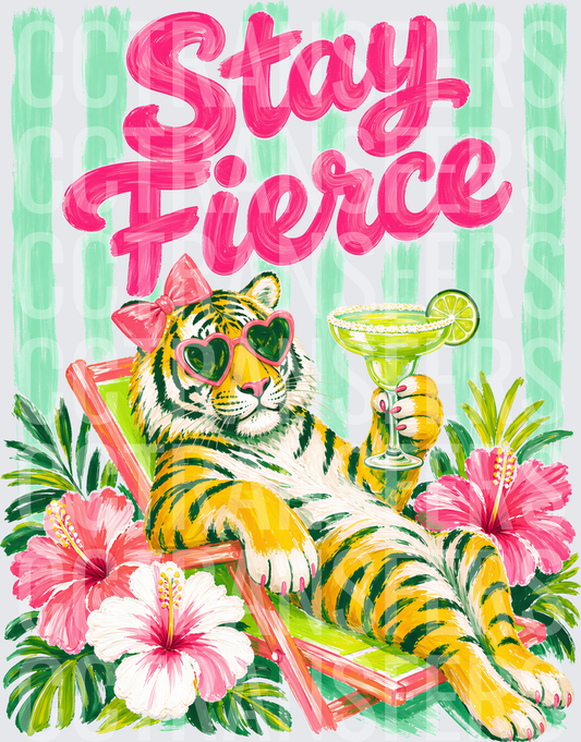 Stay Fierce Tiger in Sunglasses Holding Margarita (DTF)