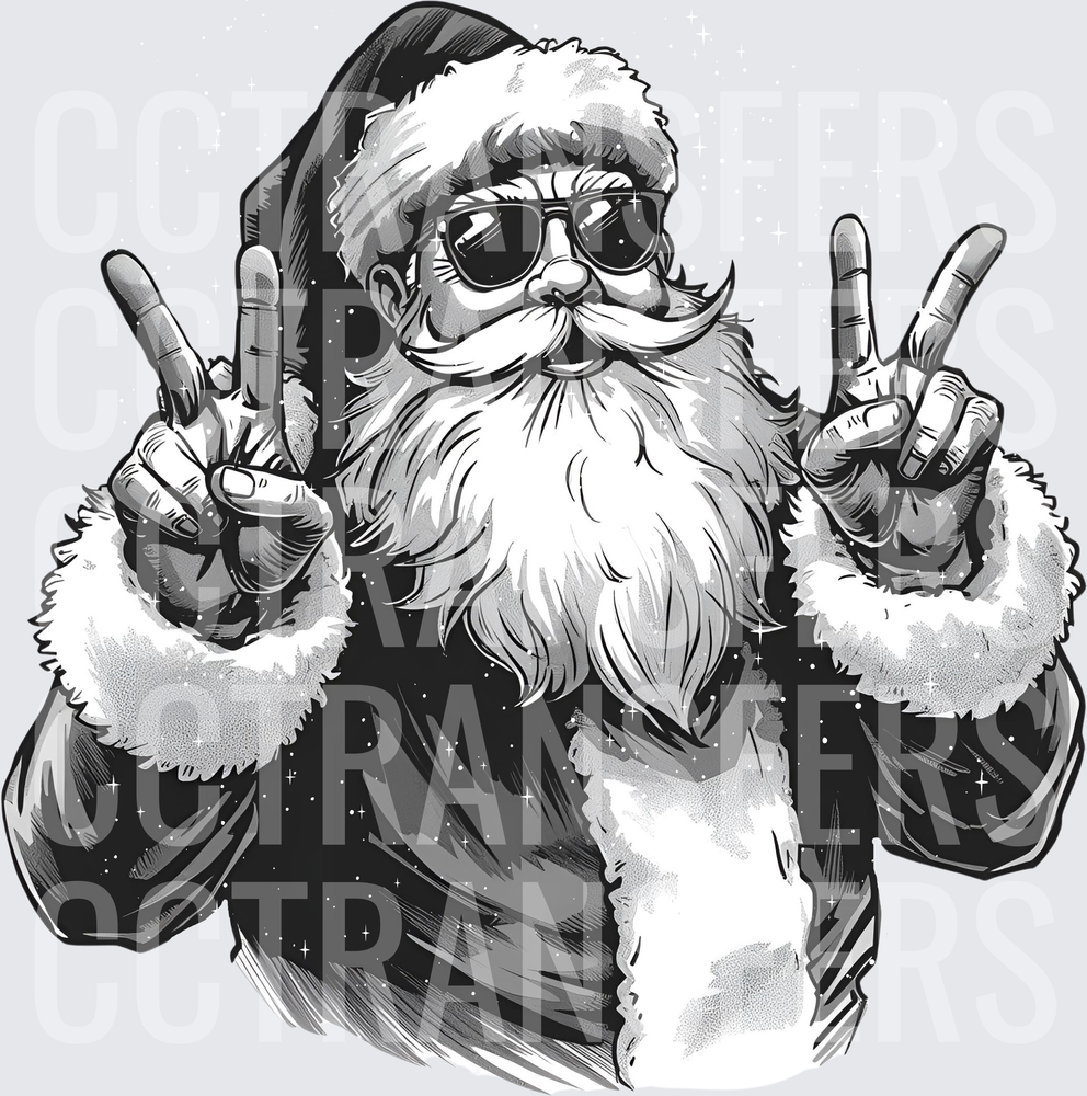 Cool Santa Claus Sunglasses Peace Signs Black White (DTF)